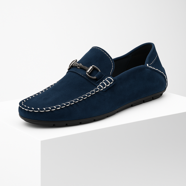 Men's suede bit loafers with a detailed metal bit, a timeless casual dress shoe for men