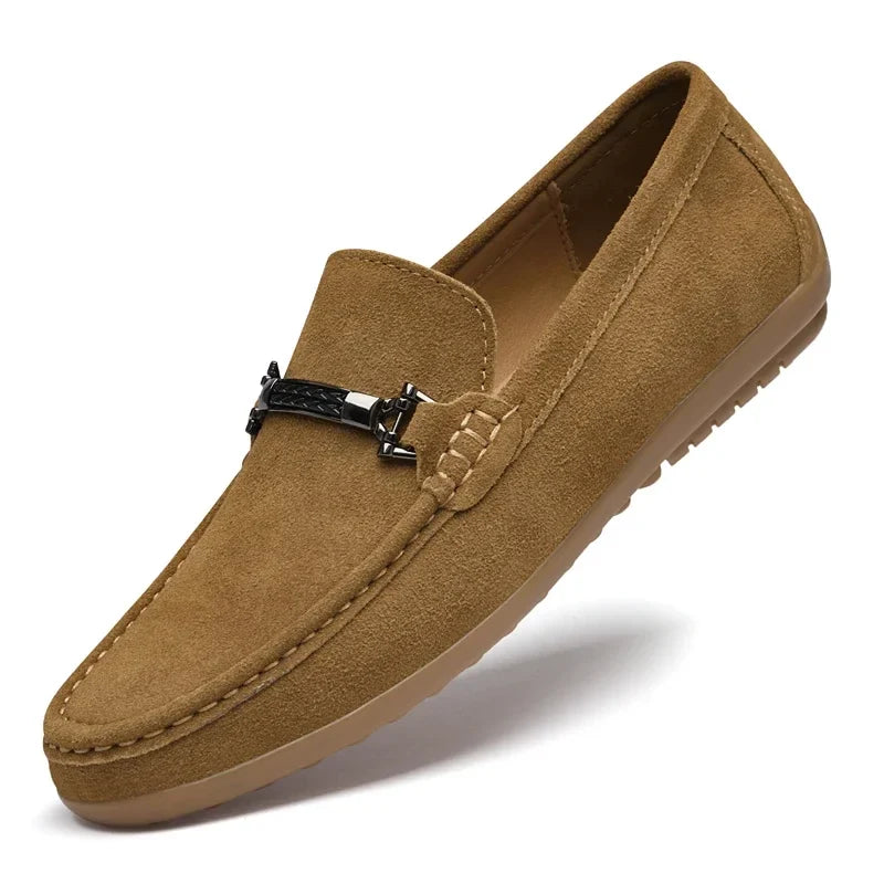 Men's light grey suede loafers, offering a comfortable and breathable option for casual footwear