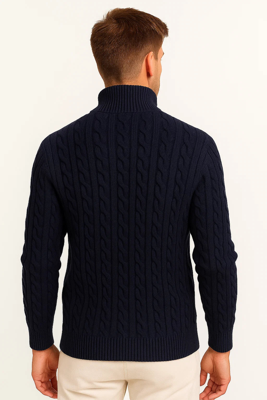 Men's cream-colored cable knit sweater with a quarter-zip collar, a timeless piece for spring apparel.