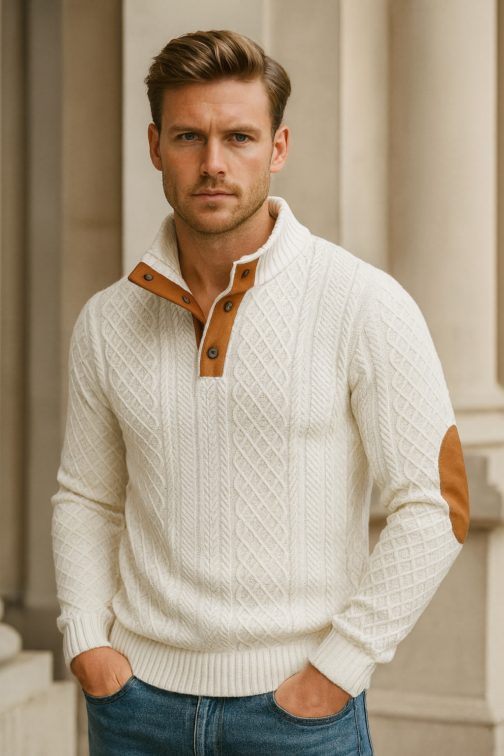 Comfortable men's clothing: a long-sleeve jacquard knit sweater with a button collar for everyday wear.