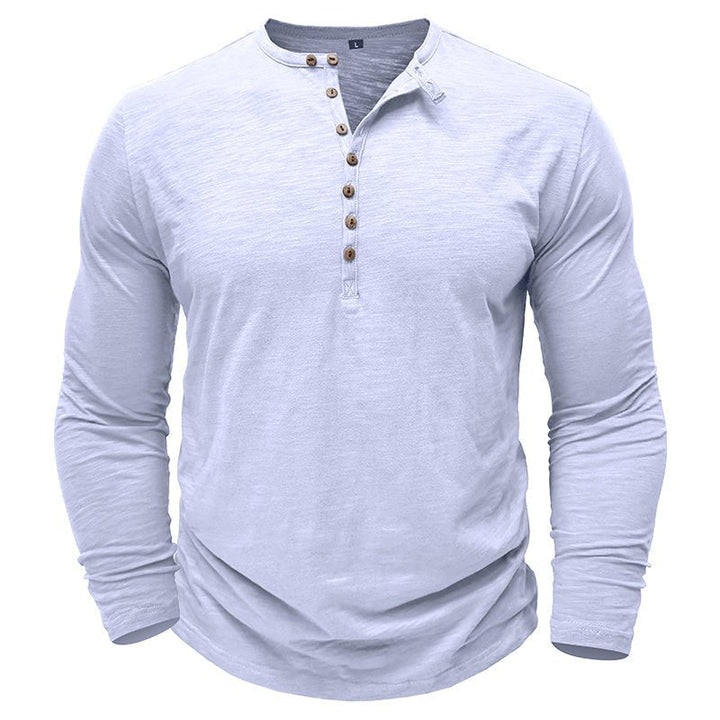 Back view of a men's classic henley, showing its comfortable and simple design.