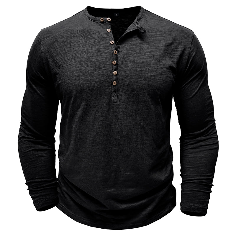 Soft cotton men's long-sleeve henley, great for autumn and winter layering.