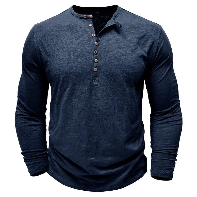 Front view of a men's long-sleeve henley shirt, showcasing its classic design.