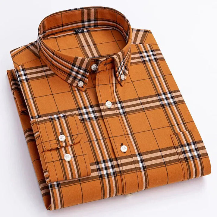 Full view of a men's blue and white large plaid button down shirt, a timeless casual wear staple