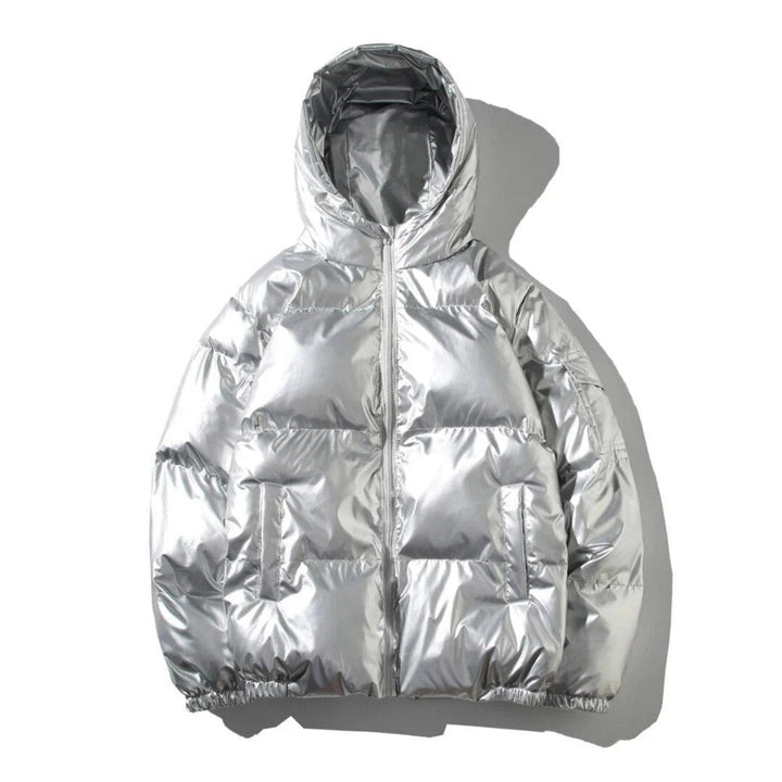 Side profile of a men's shiny puffer jacket, showcasing its volume and classic design for winter warmth.