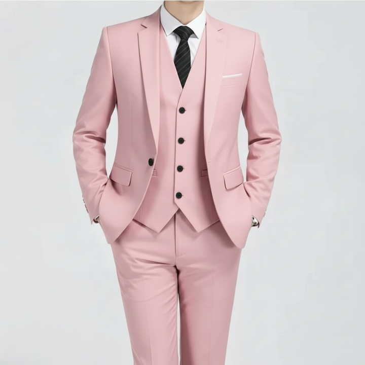 Tailored men's purple three-piece spring suit, ideal for weddings and formal events