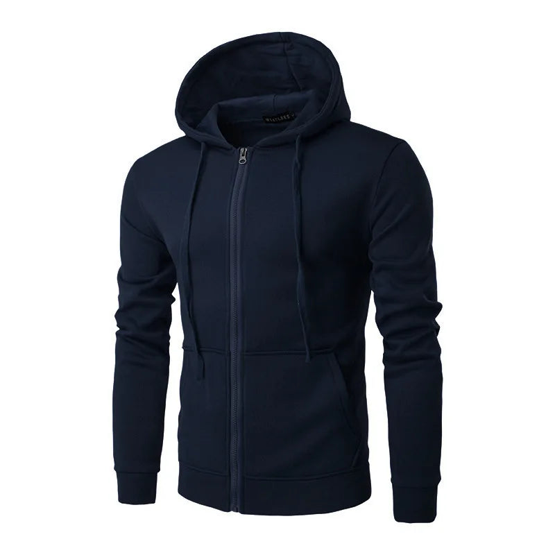 Close-up of the front zipper and hood drawstring on a men's street zip-up hoodie, comfortable