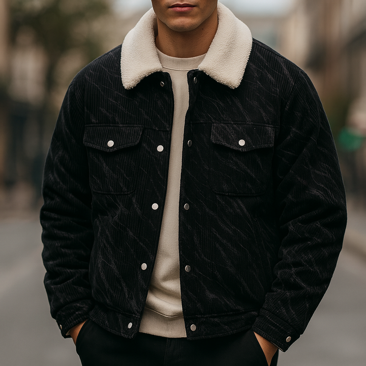 Close-up of men's brown corduroy jacket with soft sherpa lining detail, perfect for winter