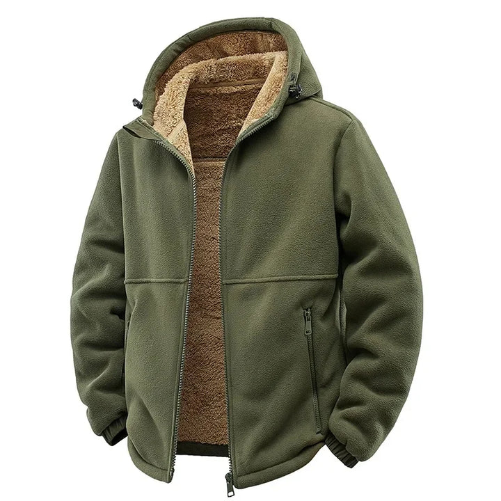 Warm men's collared fleece jacket styled with casual wear, ready for cold weather.