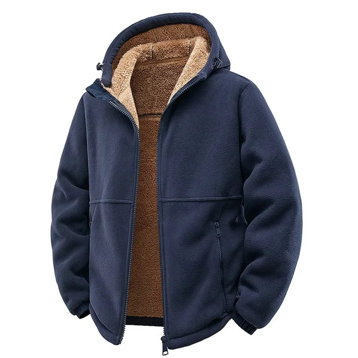Men's fleece zip-up jacket in a vibrant blue color, offering warmth and comfort.