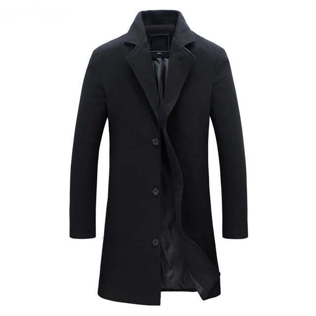 A sophisticated men's long coat, ideal formalwear, showcasing timeless style and warm outerwear.