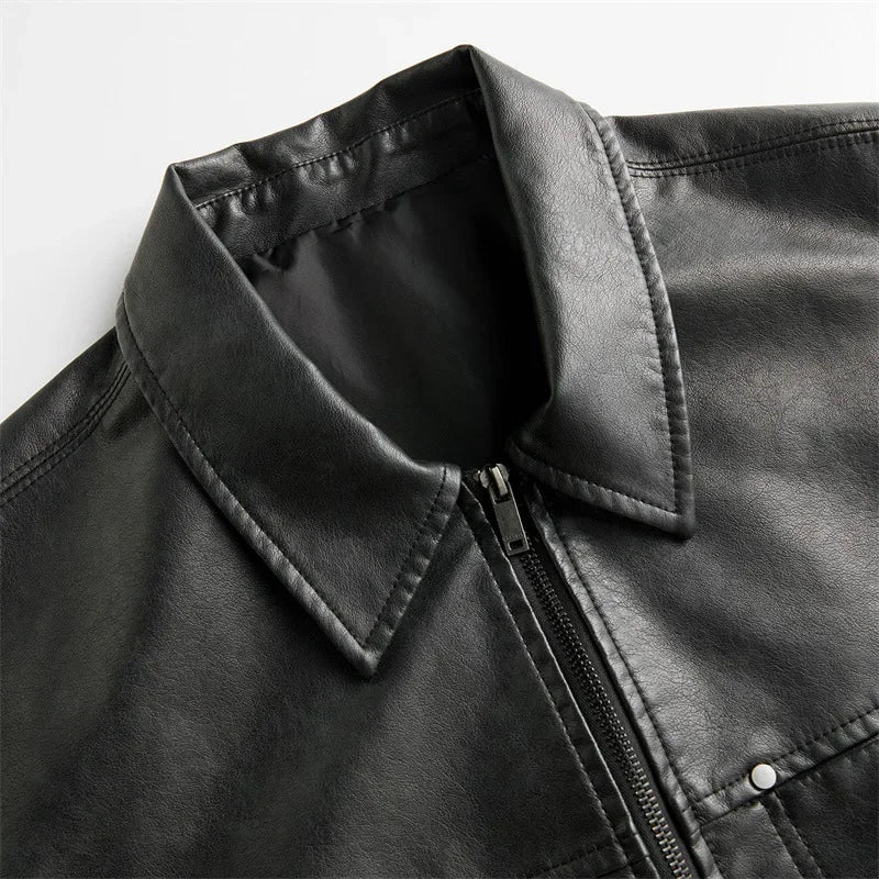 Complete look of a men's casual short-sleeve genuine leather button-up shirt in a rich coffee hue.