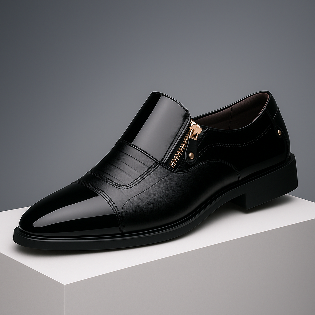 Brown men's dress shoes featuring a glossy finish and a unique zip detail, ideal for sophisticated men's fashion.