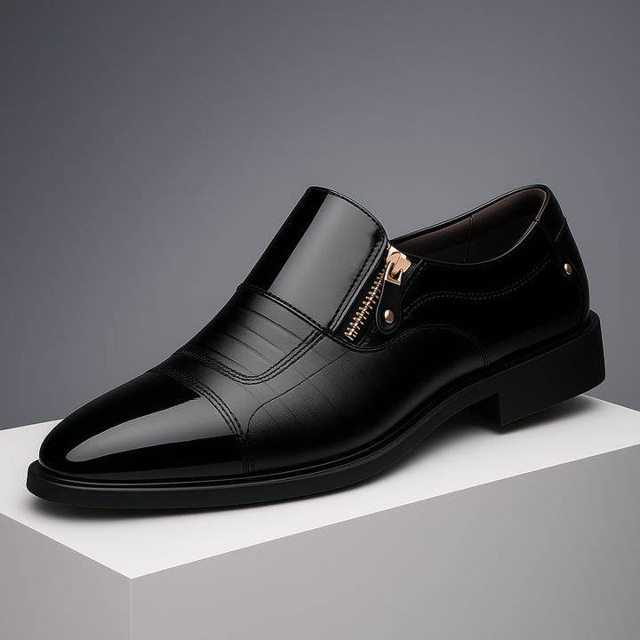 Brown men's dress shoes featuring a glossy finish and a unique zip detail, ideal for sophisticated men's fashion.