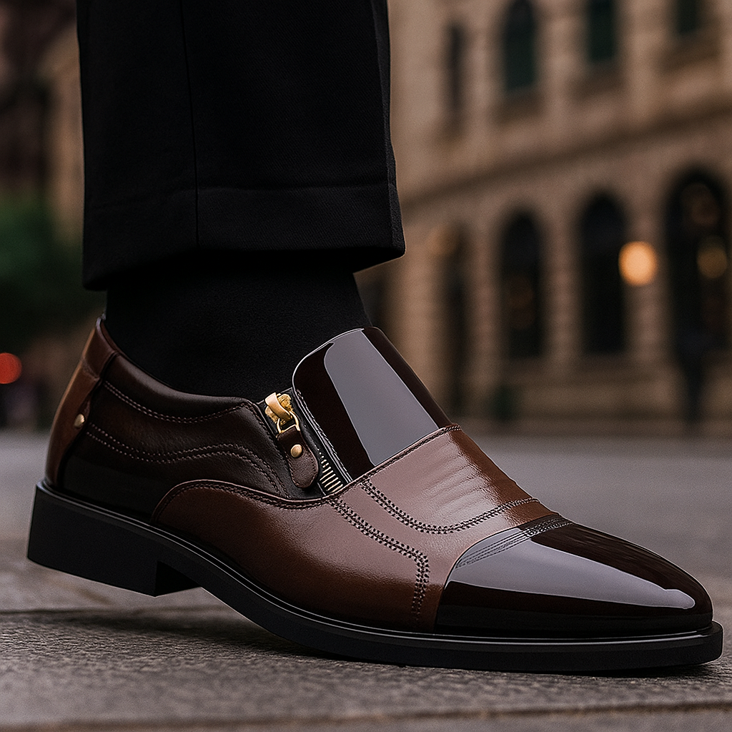 Comfortable men's slip-on loafers in a glossy brown, detailed with a fashionable zip for a modern look.
