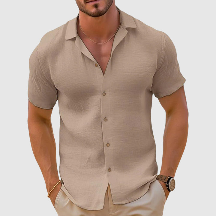 Men's khaki linen short sleeve button down shirt, perfect for spring casual wear.