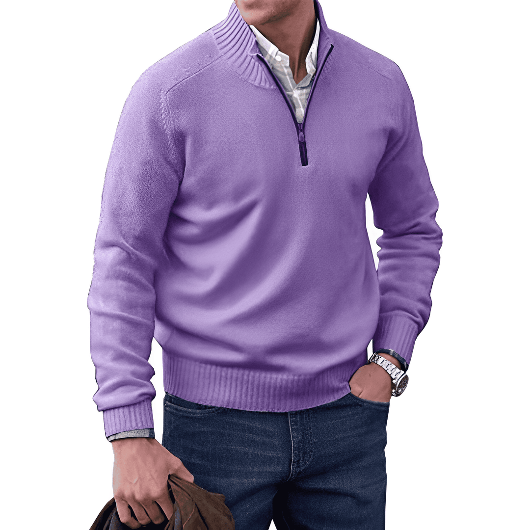 Men's smart casual half-zip jumper in a rich, dark color, suitable for various occasions.