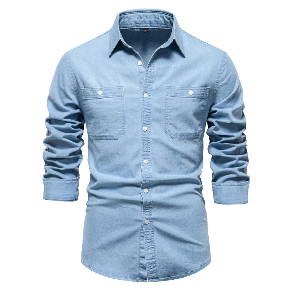 Men's light blue denim button-up shirt, casual long sleeve for versatile mens fashion