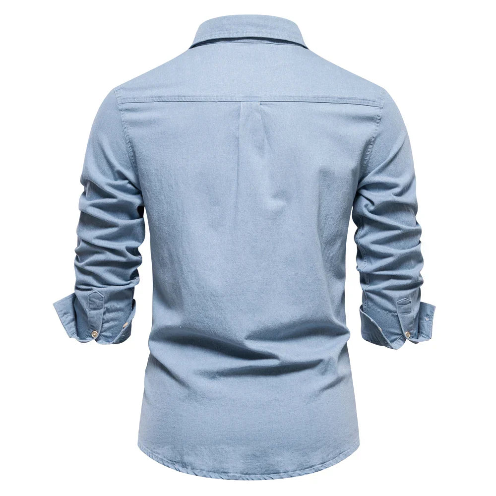 Light blue denim button-up shirt for men, a classic and versatile long sleeve top