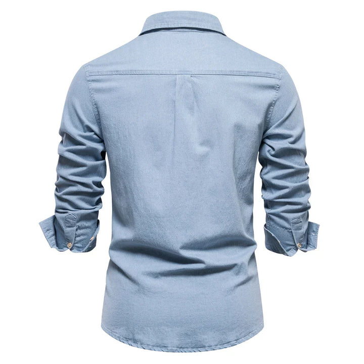 Light blue denim button-up shirt for men, a classic and versatile long sleeve top