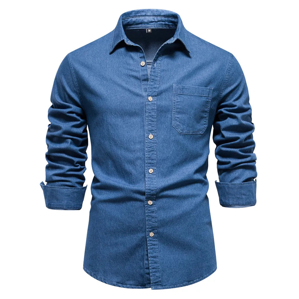 Mens fashion light blue denim shirt, a comfortable and stylish button-up long sleeve