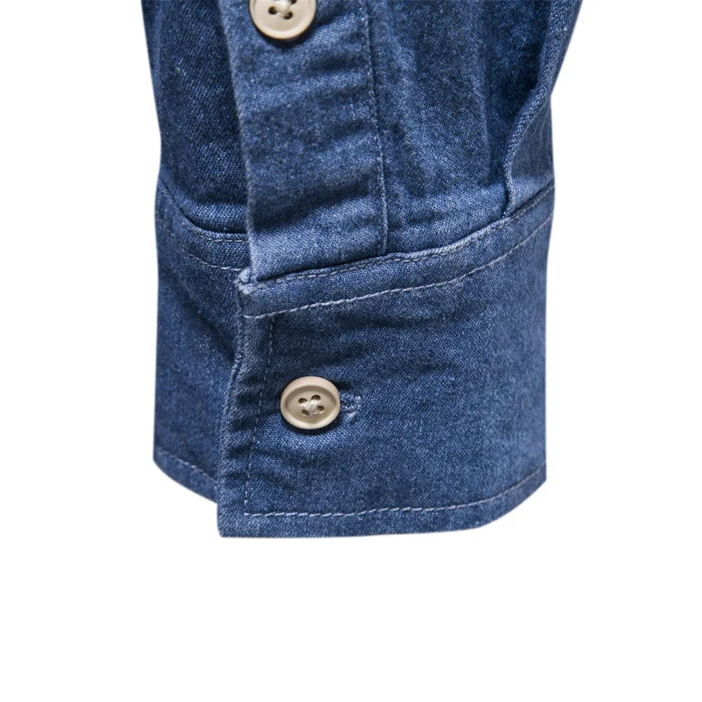 Light blue denim button-up shirt, a popular and durable mens casual long sleeve