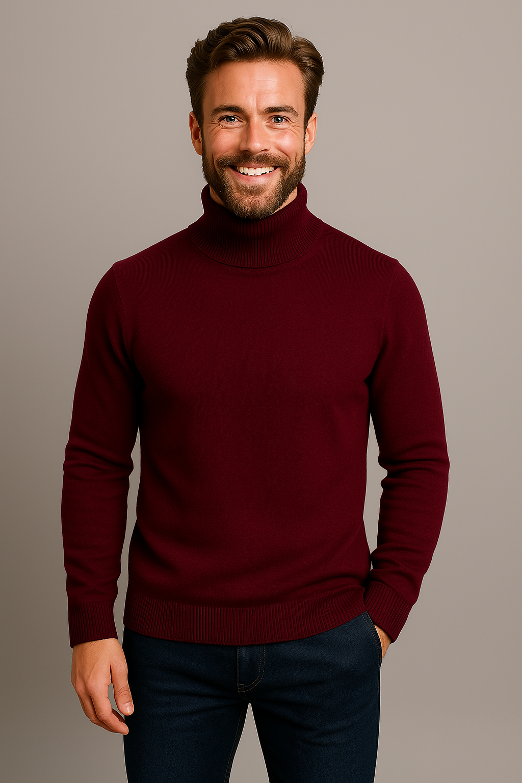 Model smiling, wearing a comfortable men's green pullover turtleneck sweater suitable for spring
