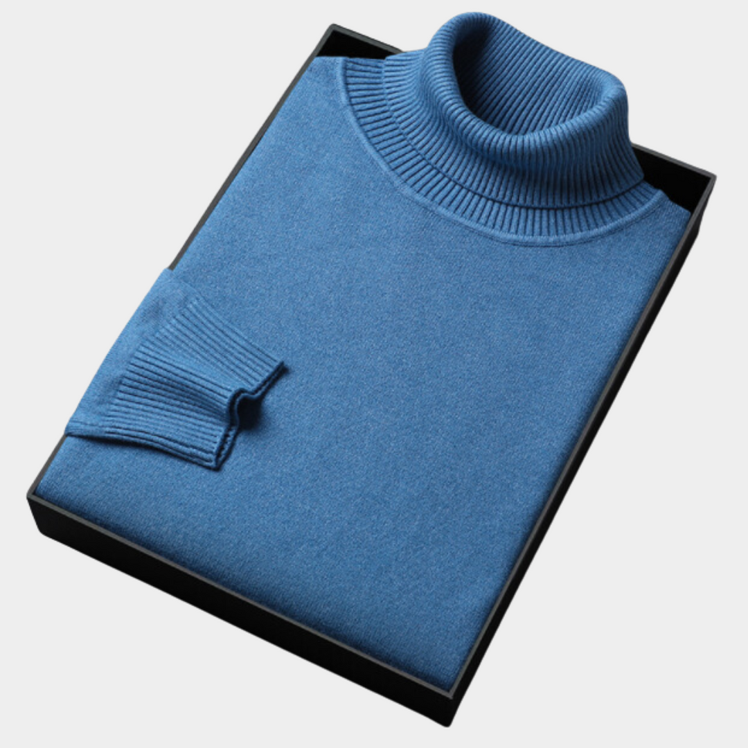 Close-up of a men's navy blue turtleneck pullover sweater, an essential for spring knitwear