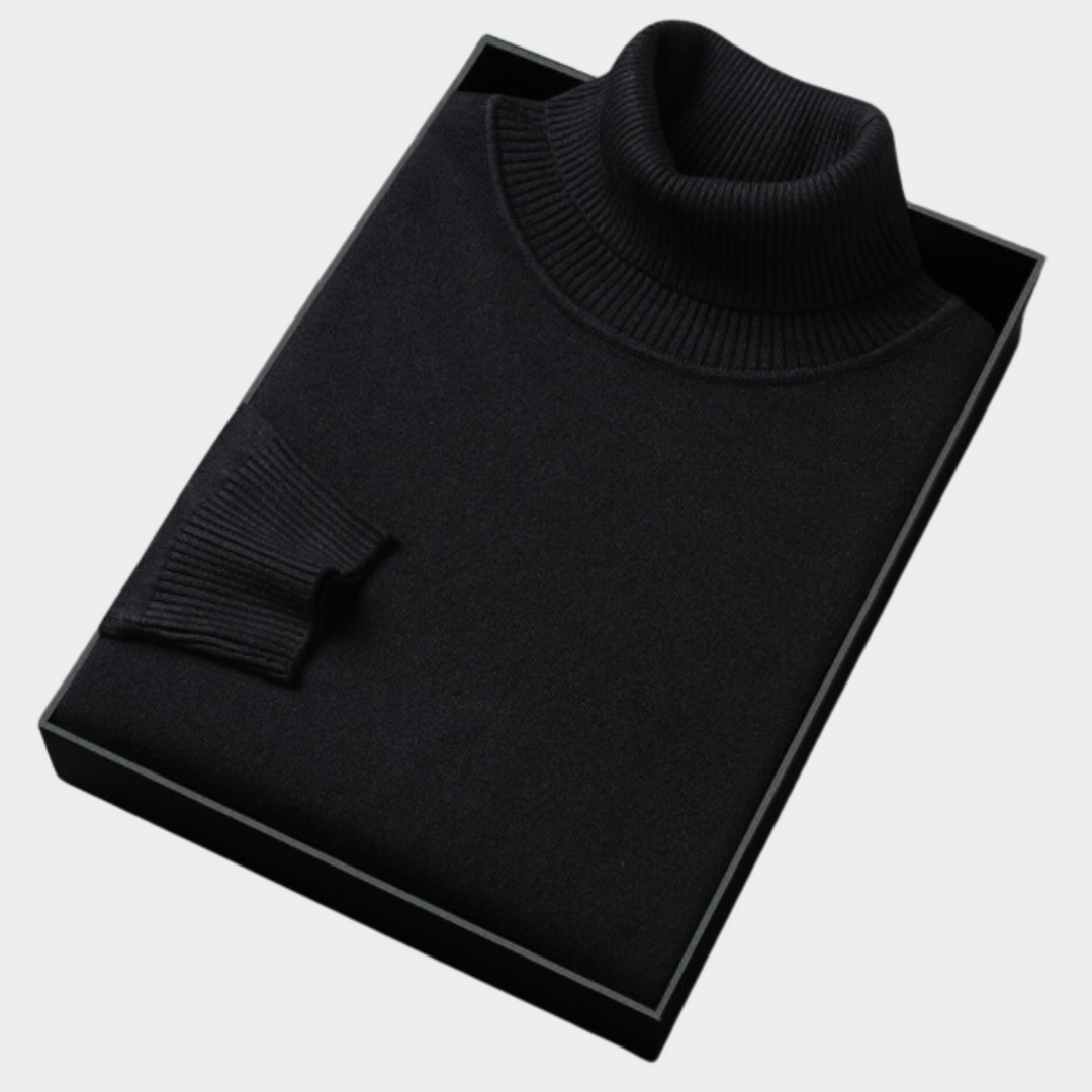 Front view of a men's black knit turtleneck pullover sweater, versatile for spring men's apparel