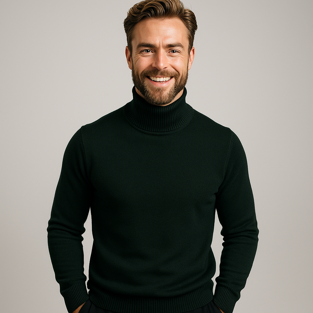 Men's white pullover turtleneck sweater draped, showcasing its spring casual appeal and fabric