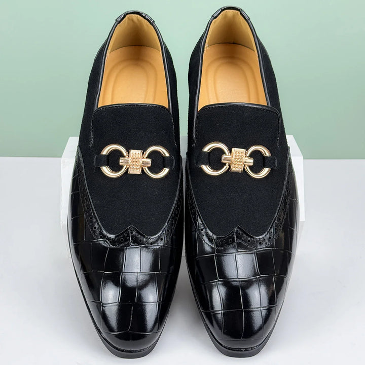 Classic men's brown leather loafers, crocodile print, top-quality luxury footwear for any event