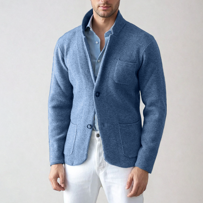 Grey men's casual knit blazer cardigan, blending sweater comfort with a sharp blazer style.