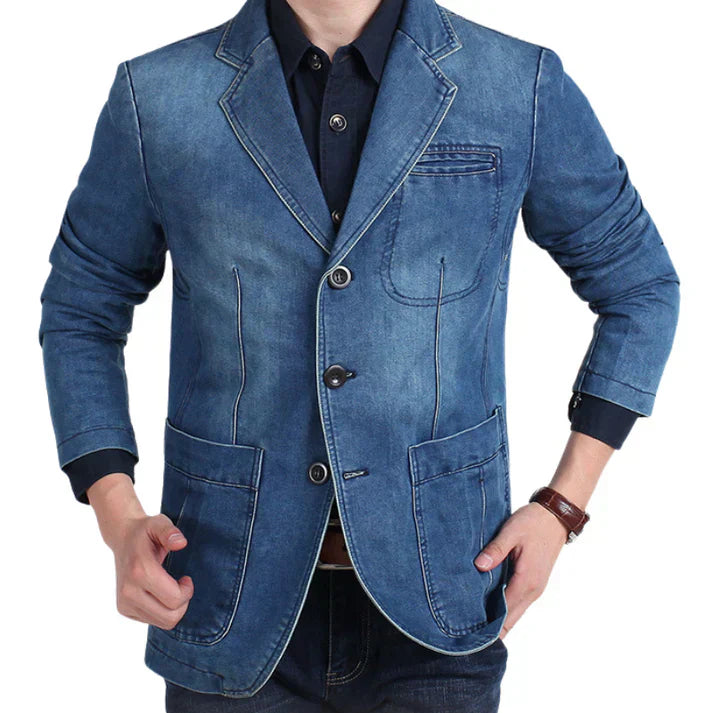 Dark Blue Denim Jean Blazer for Men, perfect formal yet casual outerwear. Front view.