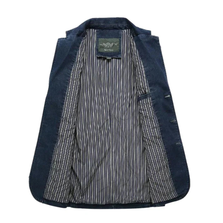 Stylish Men's Denim Blazer, ideal for a refined casual or semi-formal look. Side view.
