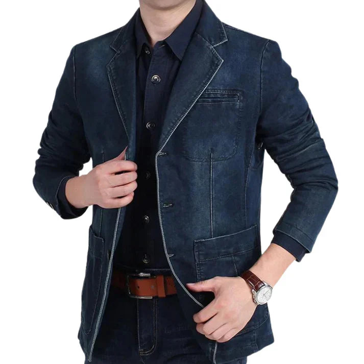 Close-up of Men's Jean Blazer fabric and button detail, highlighting quality and style