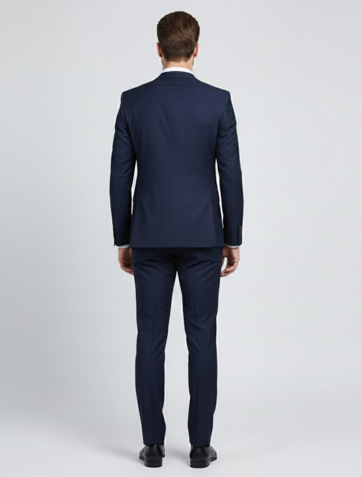 Stylish slim fit men's formal suit in navy blue, ideal business attire for modern man