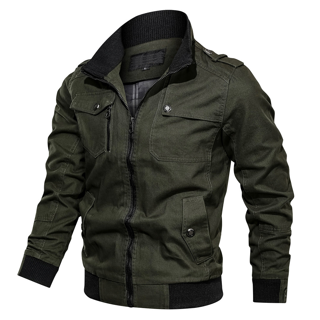 Men's multi-pocket bomber jacket in dark blue, styled for a casual, functional look.