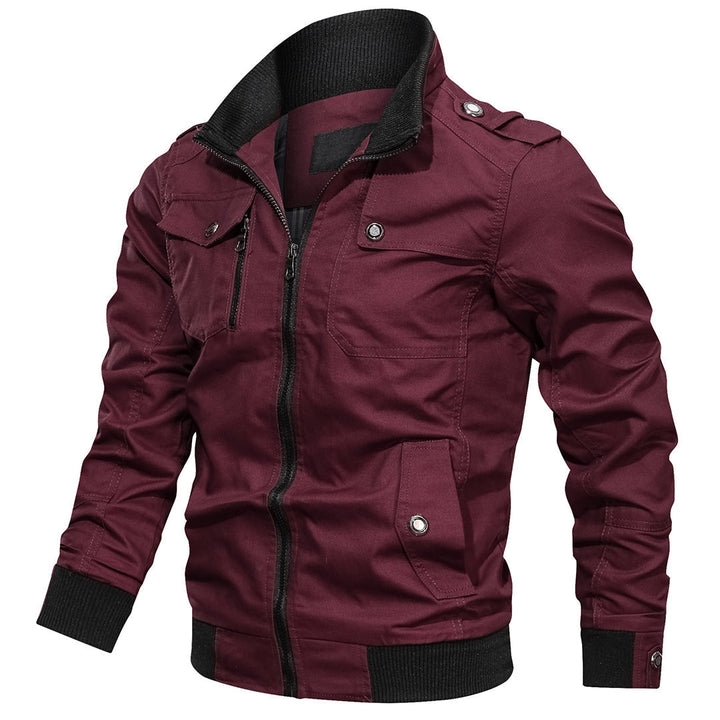 Men's fashion bomber jacket, showcasing its multi-pocket utility and comfortable fit.