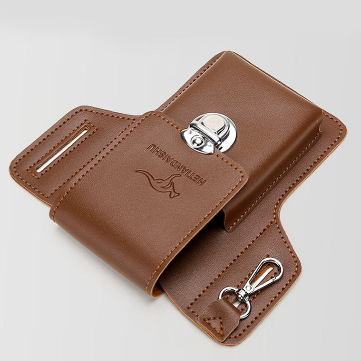 Khaki men's waist bag, fanny pack, styled with casual outdoor attire for travel
