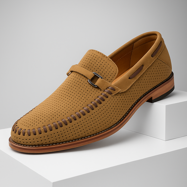 Men's premium blue suede perforated loafers with classic slip-on design, ideal for formal or casual wear.