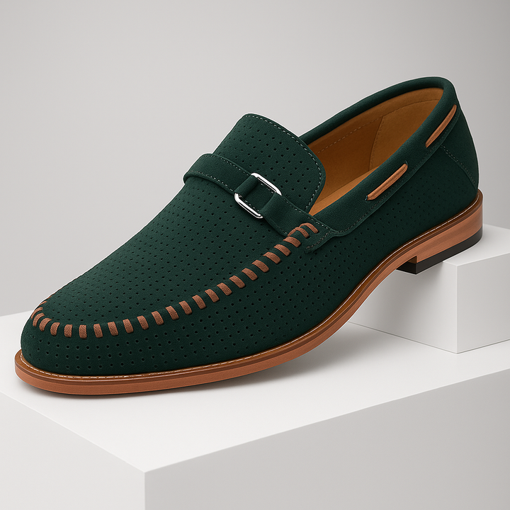 Close-up of the intricate perforation detail on a men's comfortable suede loafer, perfect for breathability.