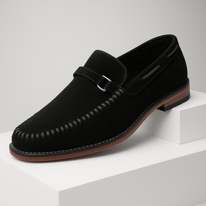 Stylish men's brown suede slip-on loafers, featuring a perforated design for business casual or special occasions.