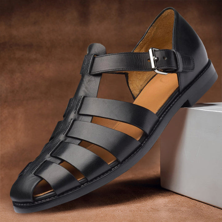 Classic men's black fisherman sandals, comfortable for casual wear, beach, or outdoor activities.