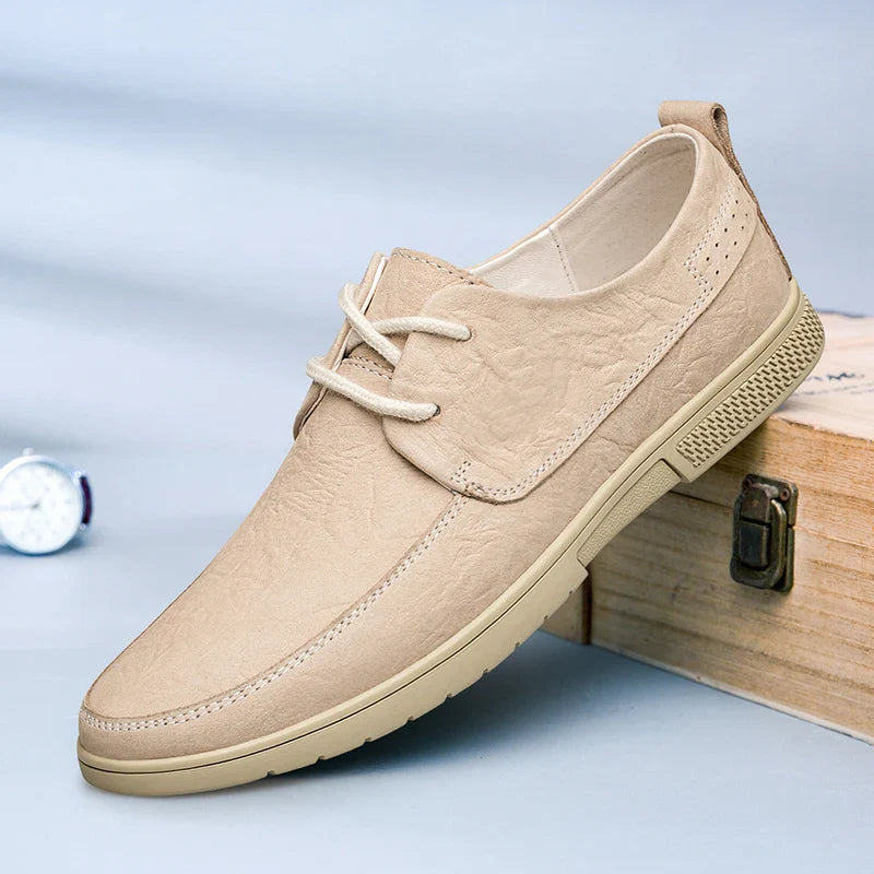 Comfortable Men's Khaki Leather Loafers with a subtle sheen, suitable for various occasions