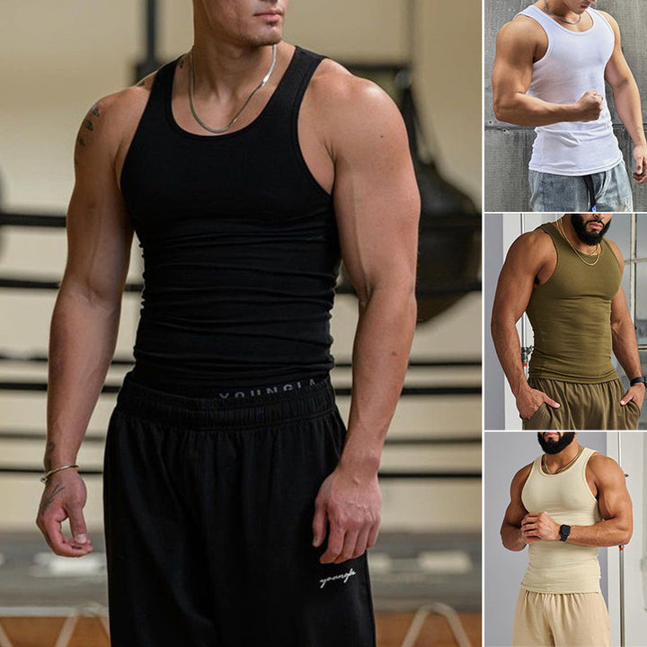 Men's premium white sleeveless tank top, cotton blend for athletic gymwear or casual summer wear.