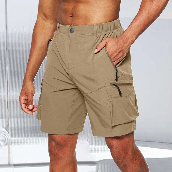 Close-up on the zippered pocket of men's quick-dry hiking cargo shorts.
