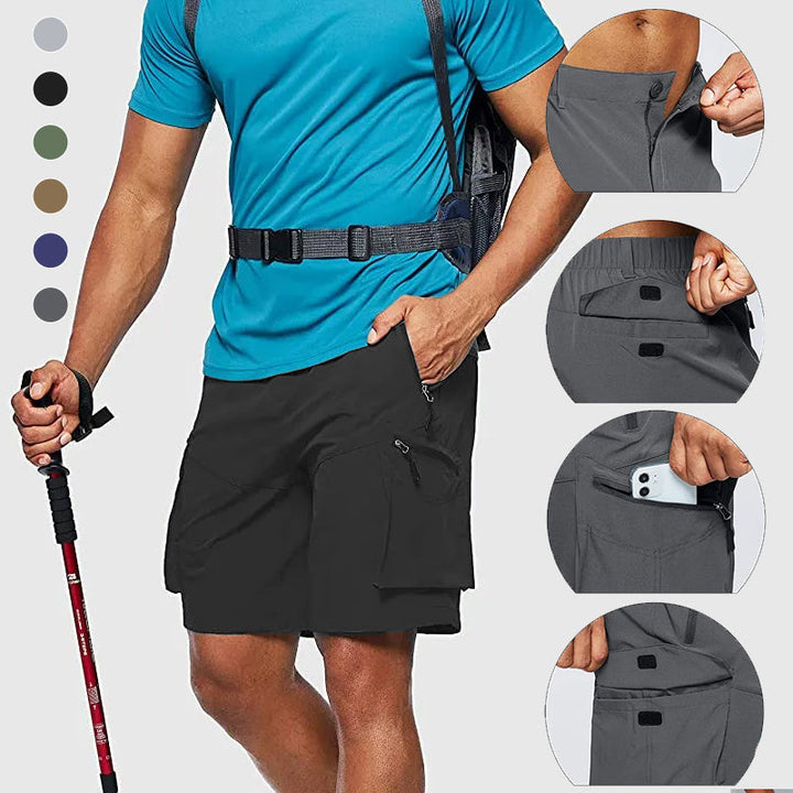 Grey men's cargo shorts with multiple pockets, ideal for hiking and active wear.
