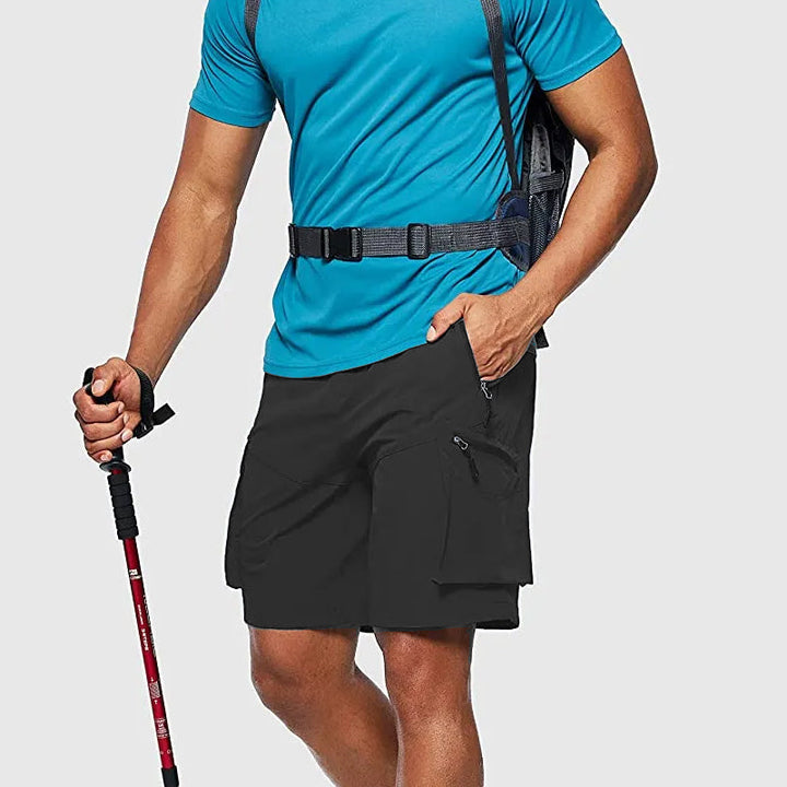 Close-up of the quick-dry fabric on men's outdoor cargo shorts, perfect for summer.