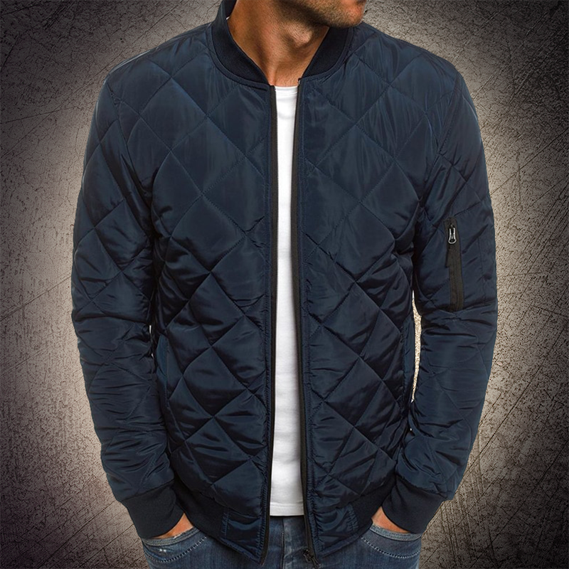 Front view of a men's lightweight bomber jacket, featuring a classic quilted design and durable fabric.
