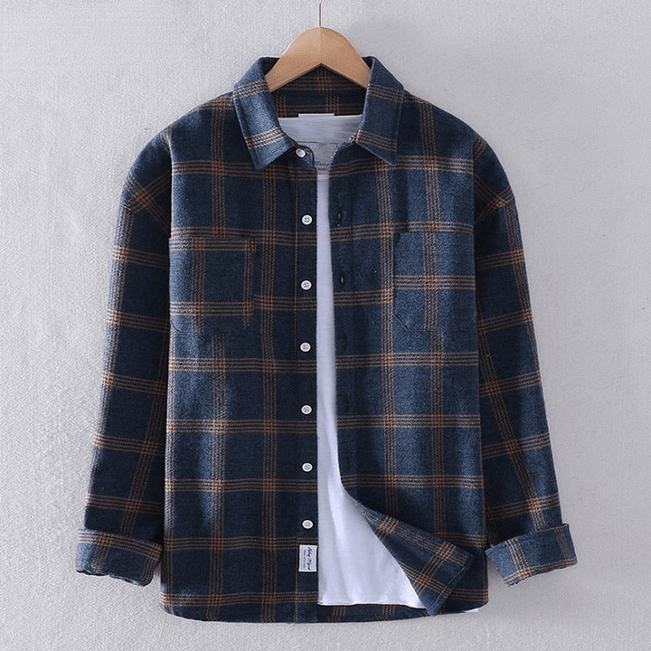 Men's red and blue checkered casual long sleeve button-down shirt, perfect for versatile wear.